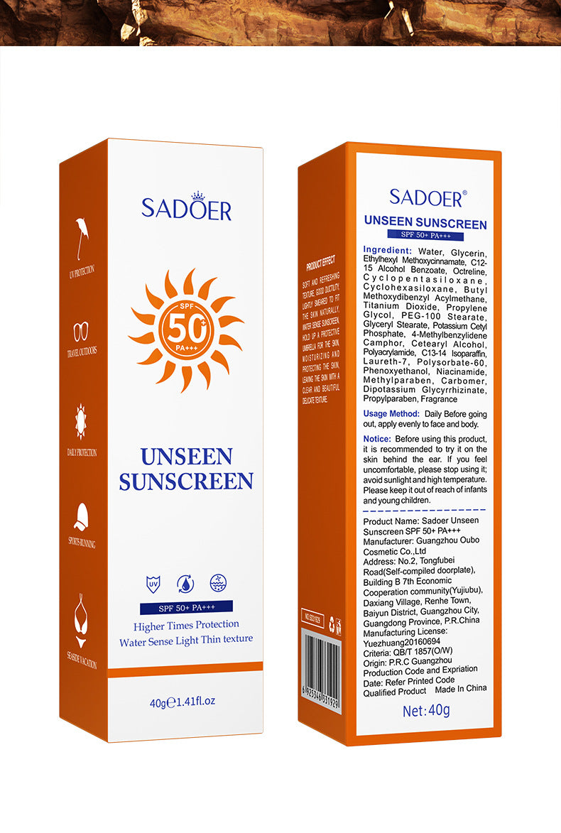 Sunscreen SADOER Protective Isolation SPF50+ Lightweight, Moisturizing, Clear Cross-Border Wholesale