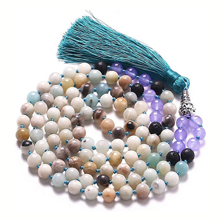 Men's Stone Tassel Long Bracelet108Beaded Bohemian Style Blue Agate Tassel Long Bracelet