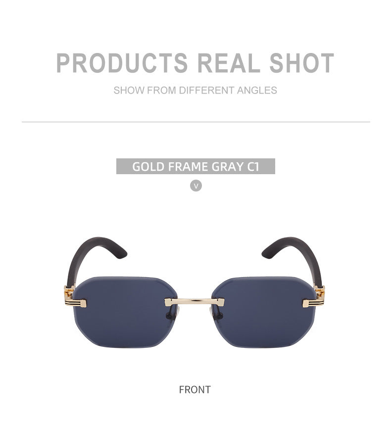 Frameless Glasses for Men High-End European and American Retro Imitation Wood Grain Temple Sunglasses UV Protection Personality Sunglasses