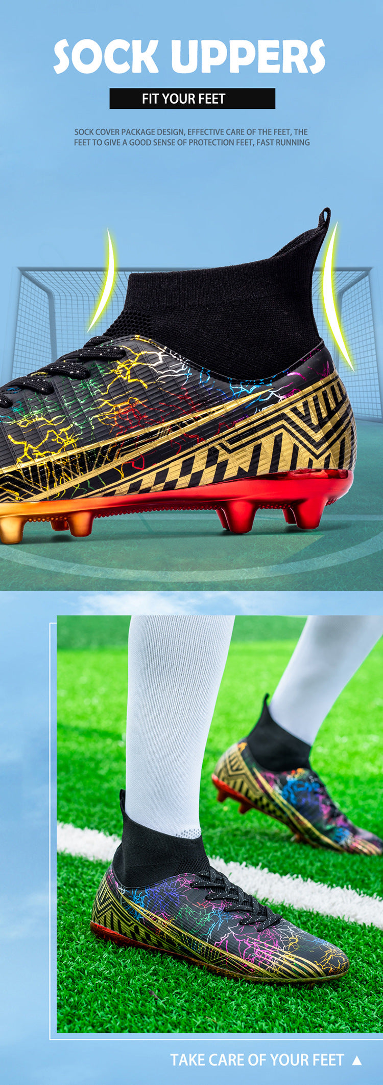 Large Size Men's Soccer Shoes AG Long Spike Gold-Plated Hot Stamping Football Shoes for Youth Professional Competition Training Shoes Wholesale