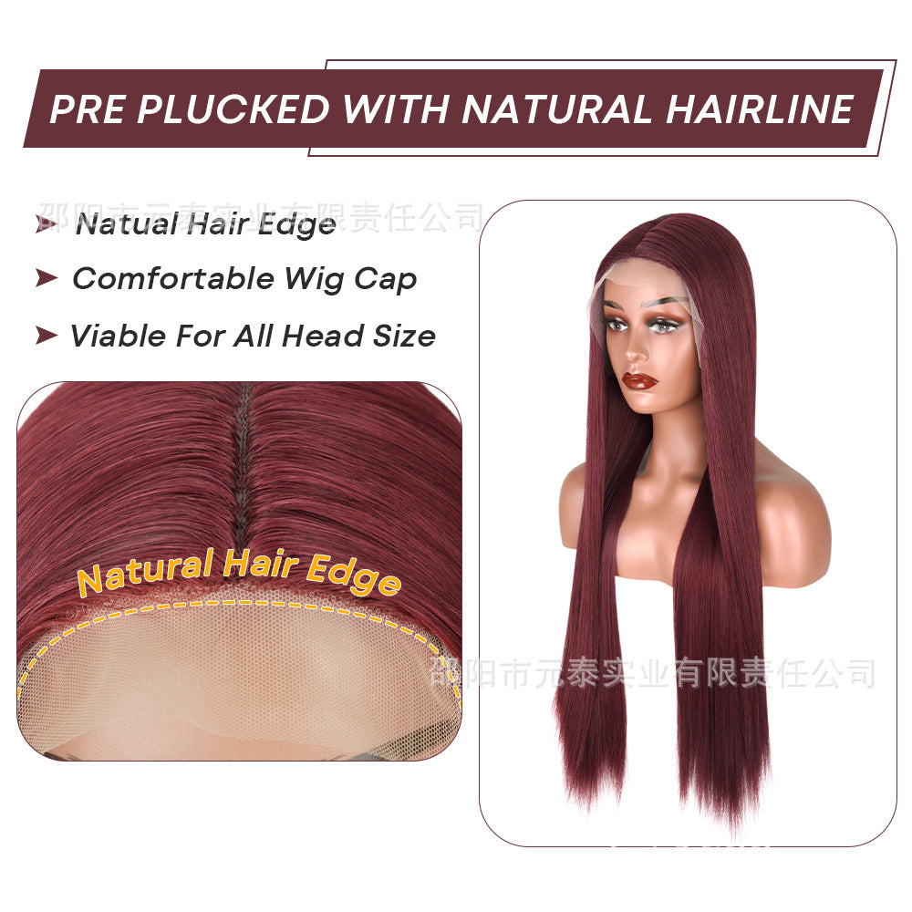 Front Lace13*4Wig in burgundy color28Inch Long Straight Hair Synthetic Fiber Headband Hot Sale wigs High-Temperature Wig with Side Bangs
