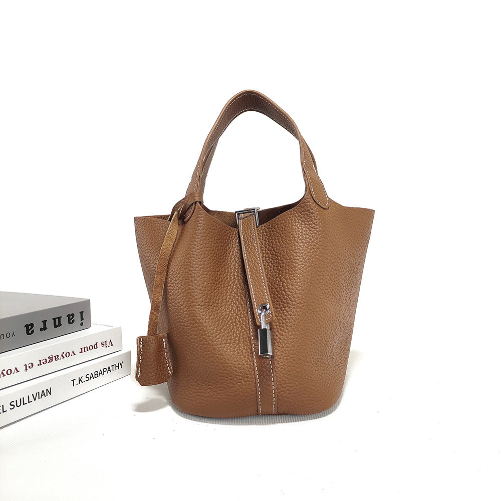 Women's Basket Bag2025New High-End First Layer Cowhide Bucket Bag Casual Handheld Women's Tote Bag Trendy