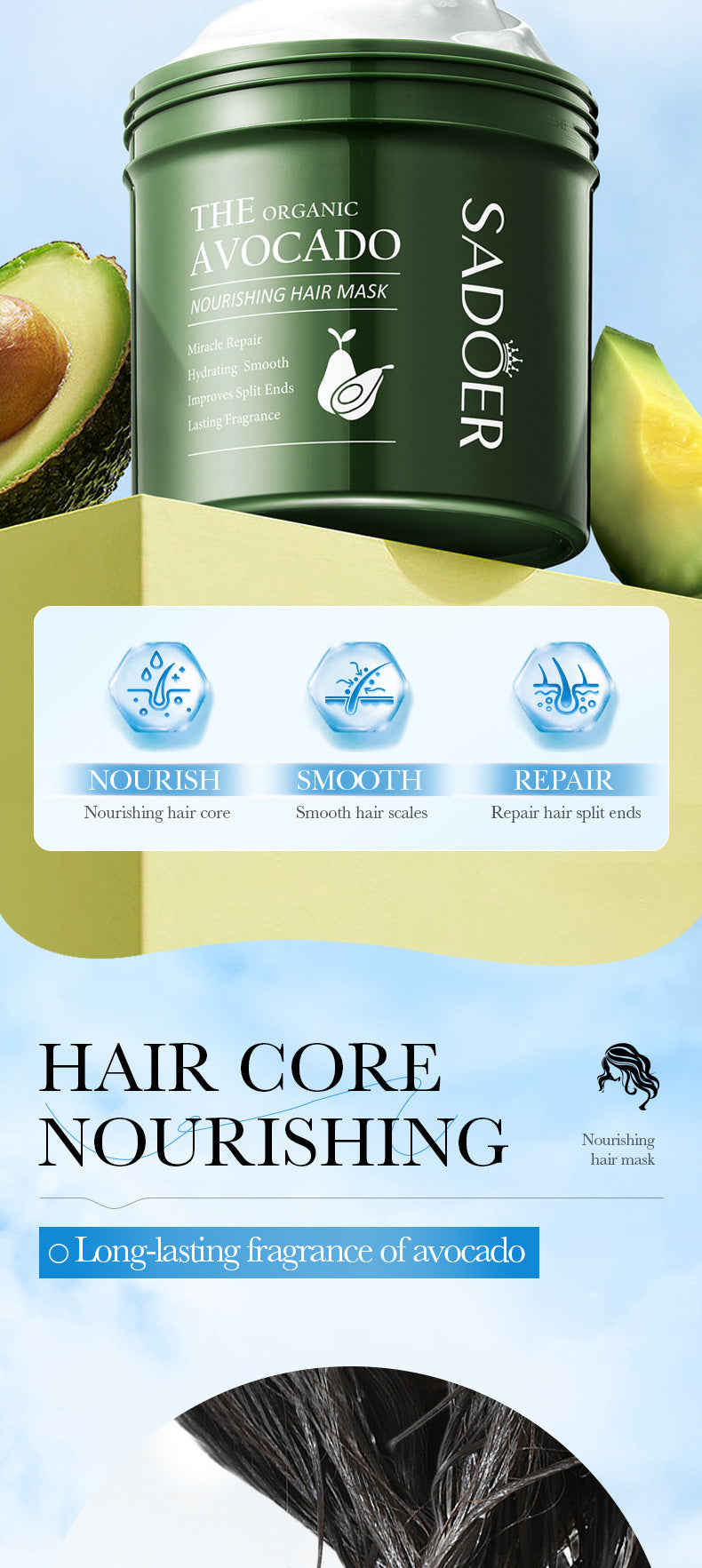 Avocado Smooth and Nourishing Hair Mask SADOER Cross-border foreign trade wholesale of frizz improvement conditioner