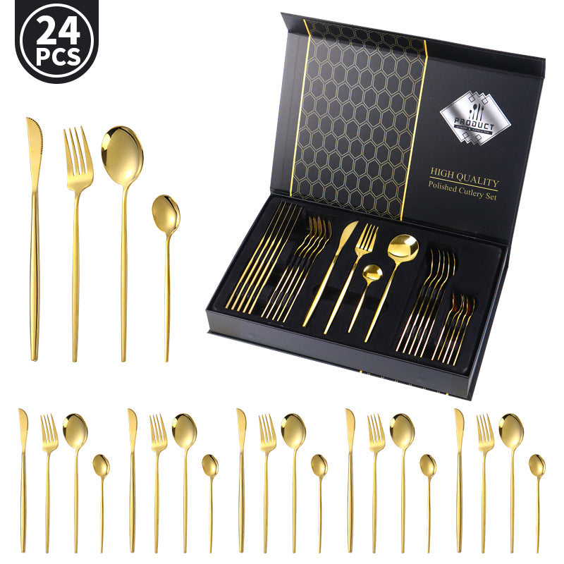 Stainless Steel Cutlery Set24Set of Gold-Plated Portuguese Tableware Western Steak Knife Fork Spoon Gift Box