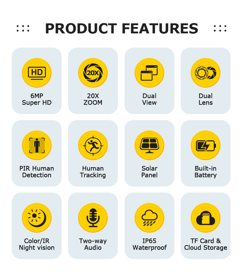 4G Solar-powered Camera6MP High Definition Full Color Dual Lens Dual Screen20X Zoom Solar Camera