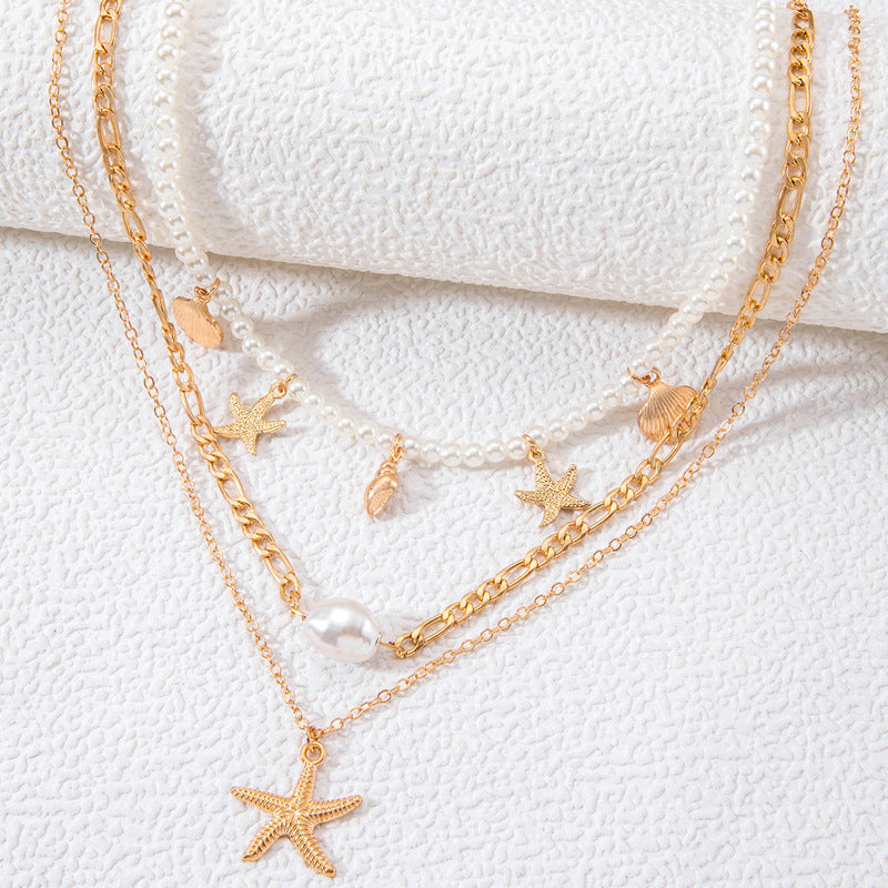 Jewelry Beaded Necklace Beach Imitation Pearl Necklace Starfish Shell Retro Vacation Small Multi-layer Necklace for Women