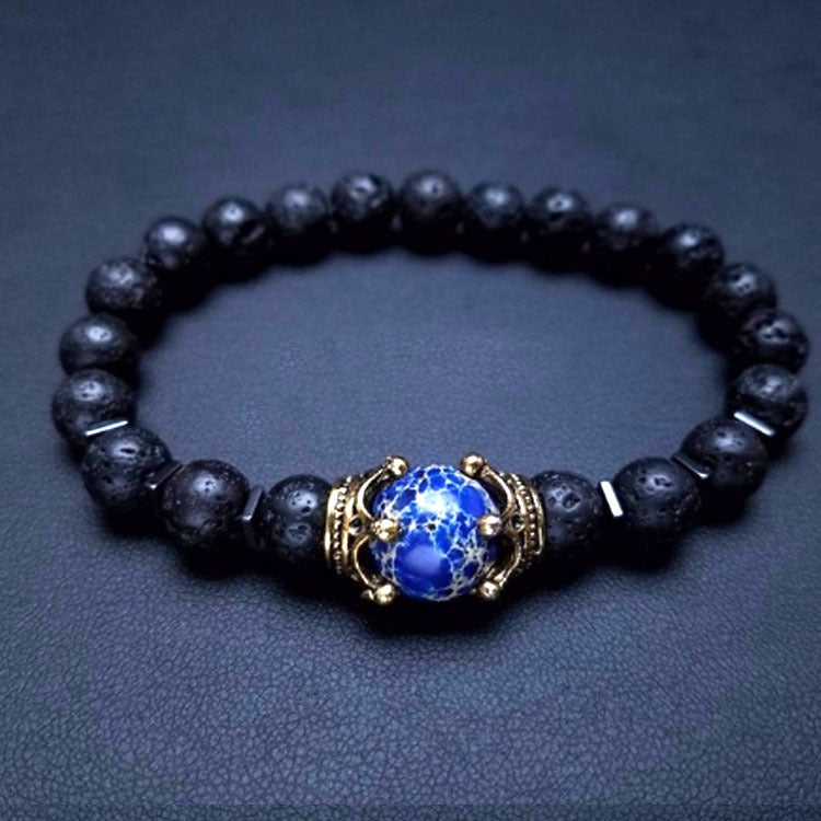Men's Black Matte White Pine Bracelet8mm Elastic Cord Beaded Black Gallstone Volcanic Tiger Eye Frosted Crown Bracelet