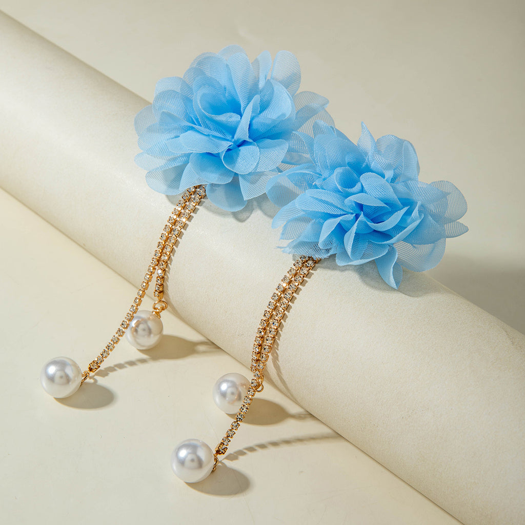 European and American Style Exaggerated Imitation Pearl Tassel Flower Earrings Fresh and Elegant Temperament Earrings for Women