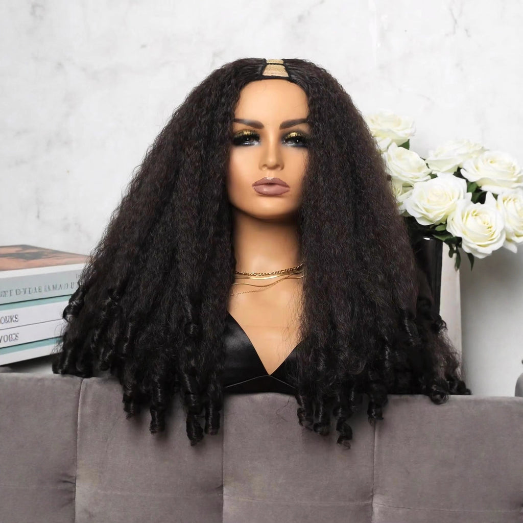 Africa YAKI Straight Hair with Curly Ends Synthetic Wig V High-Temperature Fiber Wig with Hollow Top
