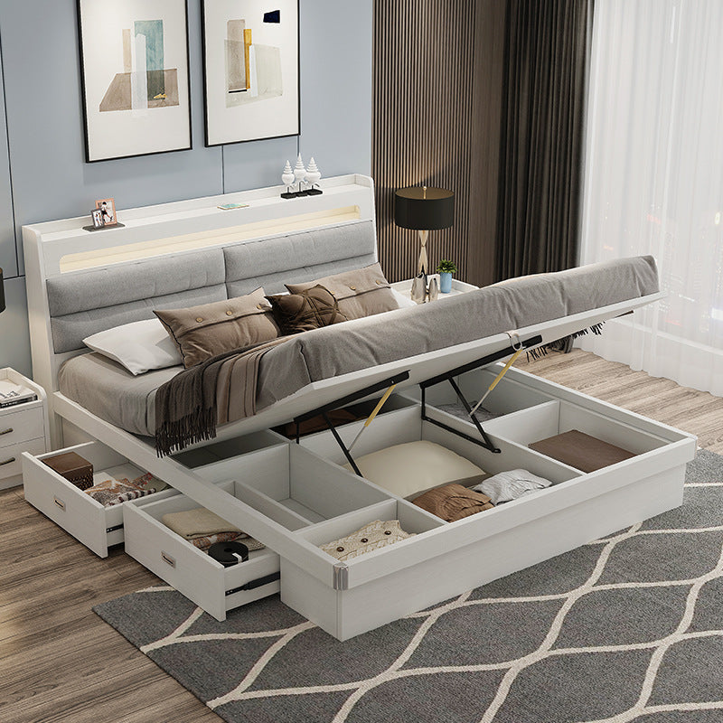 Fabric Bed1.5Small Apartment Master Bedroom Soft Pack Technology Fabric Modern Double Bed White Simple Solid Wood Storage Bed