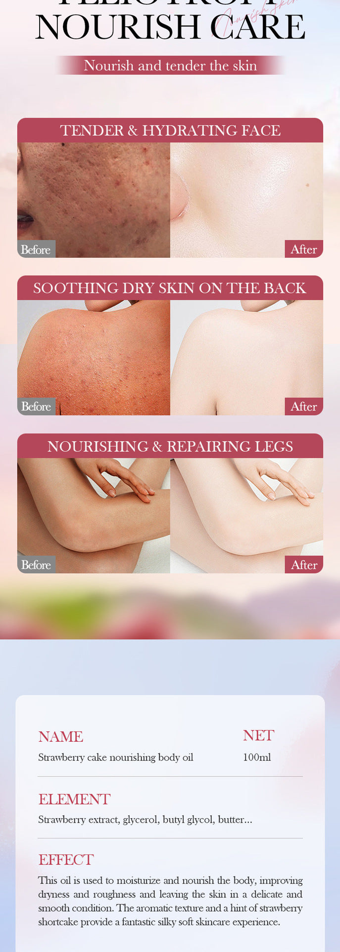 Strawberry Cake Nourishing Body Oil BIOAOUA Moisturizing skin essence  foreign trade wholesale