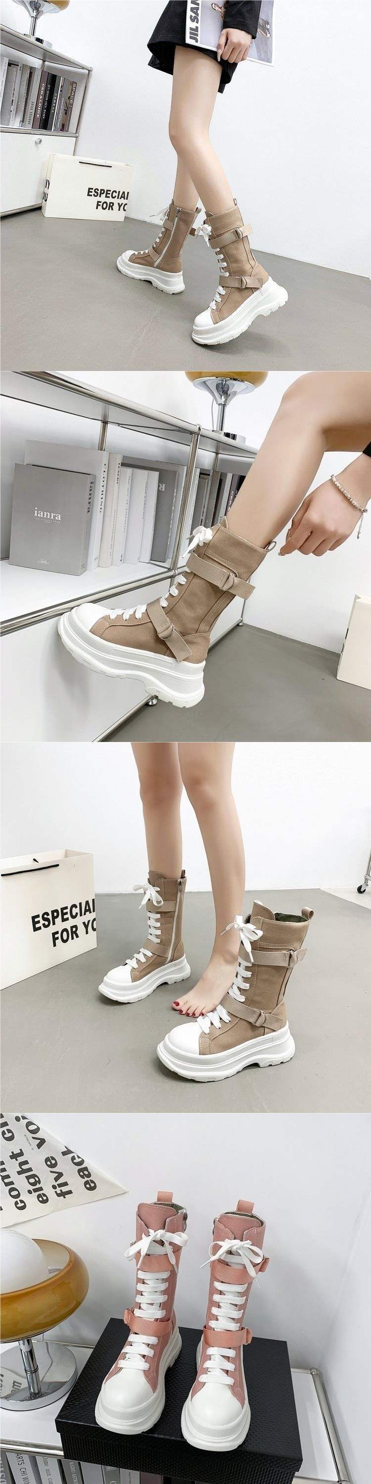 2025Summer New Korean Style High-Top Canvas Martin Boots High Heel Round Toe Non-Slip Height Increasing Trend Korean Style Solid Color Series