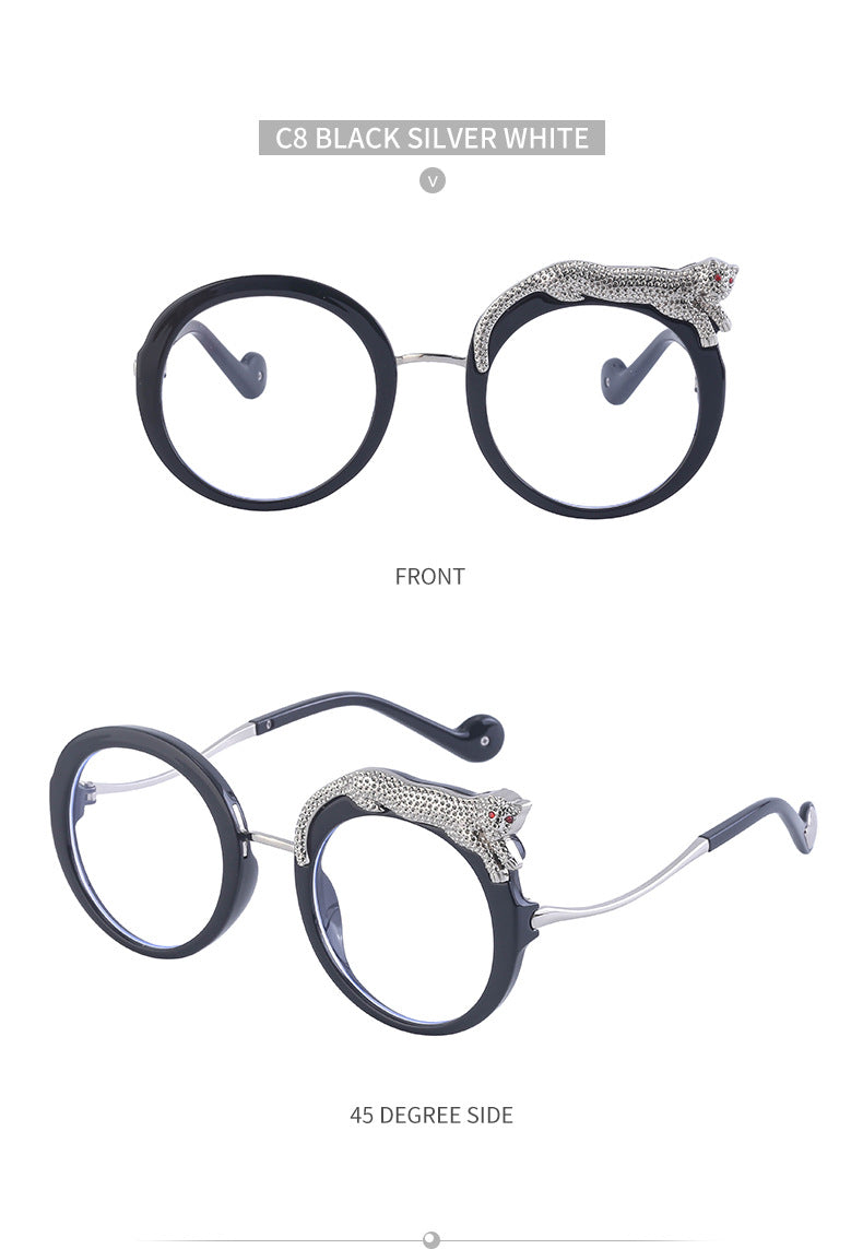 2025New Anti-Blue Light Glasses for Women Leopard Head Diamond-Studded European and American Round Frame Sunglasses Trendy Large Frame Sunglasses High-End Feel