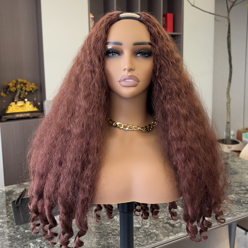YAKI Straight Hair with Curly Ends Synthetic Wig V High-Temperature Fiber Wig with Hollow Top