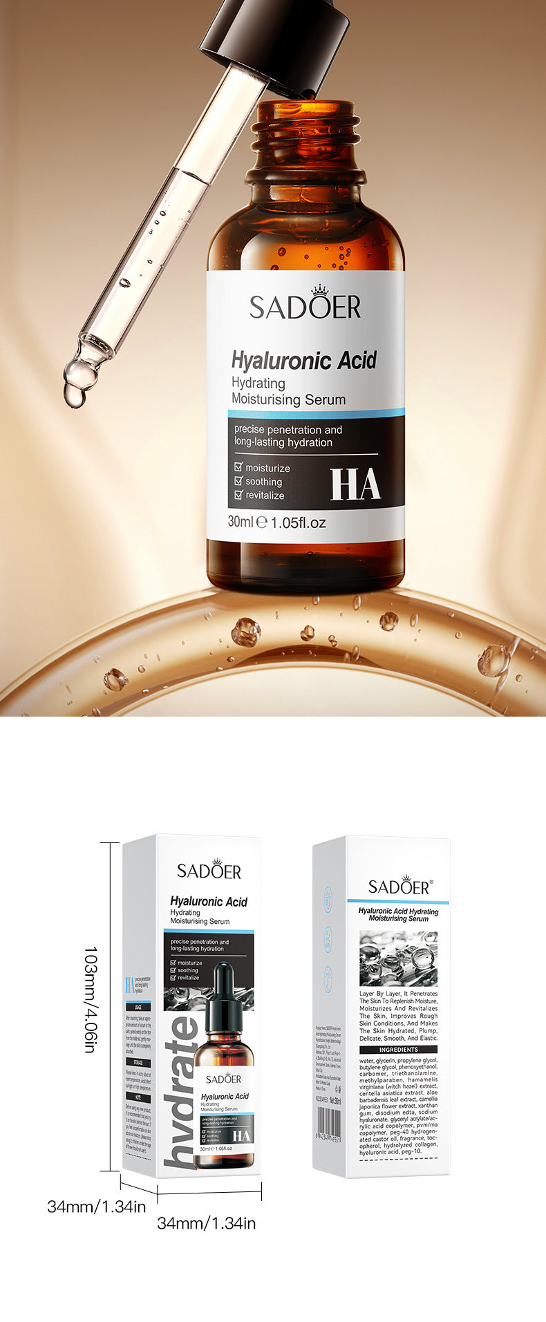 Hyaluronic Acid Hydrating Moisturizing Serum SADOER Skin rejuvenation and moisturizing essence liquid cross-border wholesale