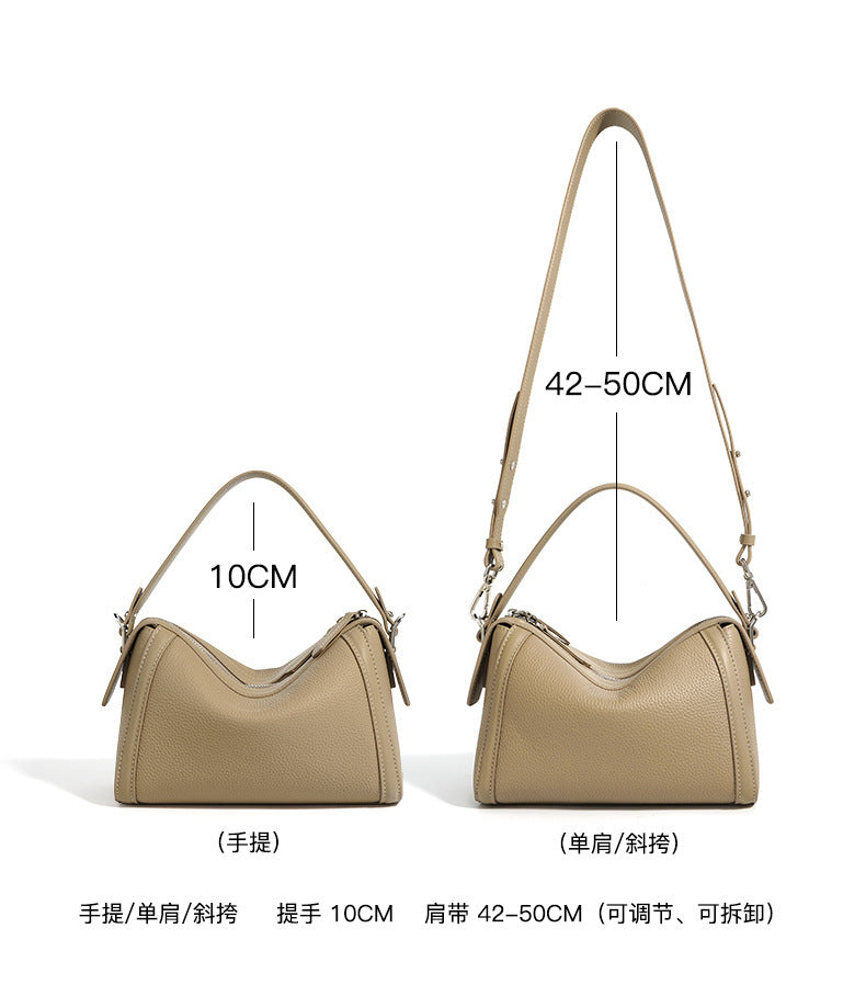 New Top Layer Cowhide Boston Bag Fashion Women's Bag Simple Texture Cowhide Shoulder Crossbody Bag Niche Design Sense