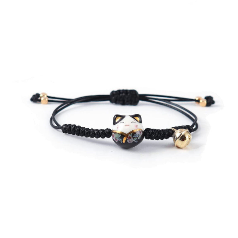Vintage Ceramic Cat Handmade Woven Bracelet for Women Best Friend Gift Bell Pendant Cartoon Lucky Cat Woven Bracelet