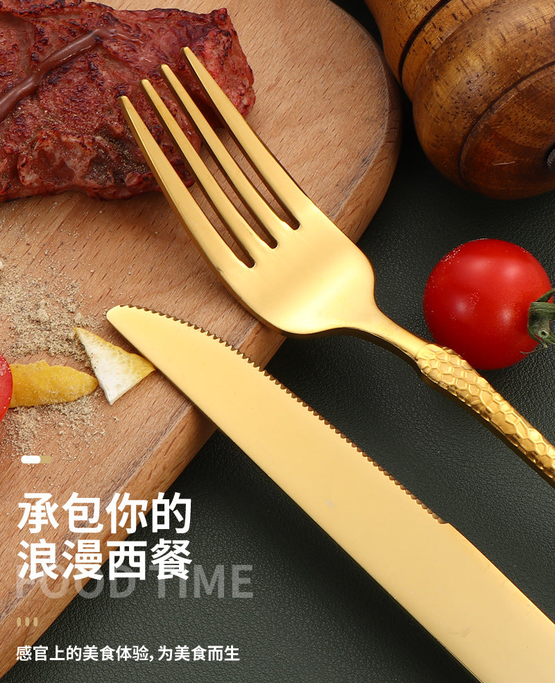 410Stainless Steel Tableware Hotel Restaurant Hammered Knife Fork Spoon24Set of High-End Western Cuisine Embossed Steak Knives and Forks