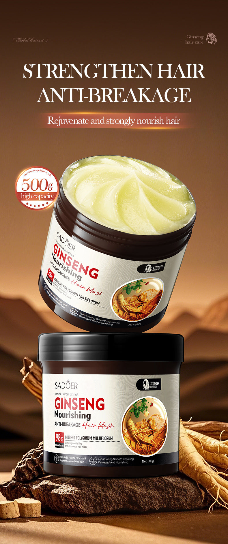 Ginseng and Polygonum Multiflorum Hair Mask SADOER Nourishing Anti-Breakage Smooth Voluminous Hair Mask  Wholesale