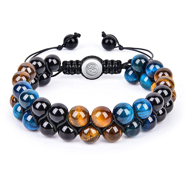 European and American Men8mm Double Layer Natural Stone Bracelet Adjustable Couple Bracelet Double Row Tiger Eye Braided Bracelet