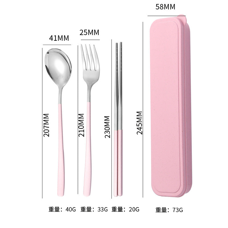 304Stainless Steel Tableware Student Korean Portable Tableware Office Worker Outdoor Spoon Fork Chopsticks Four-piece Set