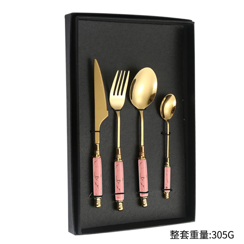 Stainless Steel Cutlery Restaurant Western Steak Knife Fork Imitation Marble Pattern Ceramic Handle Knife Fork Spoon Tea Spoon Tea Fork Set