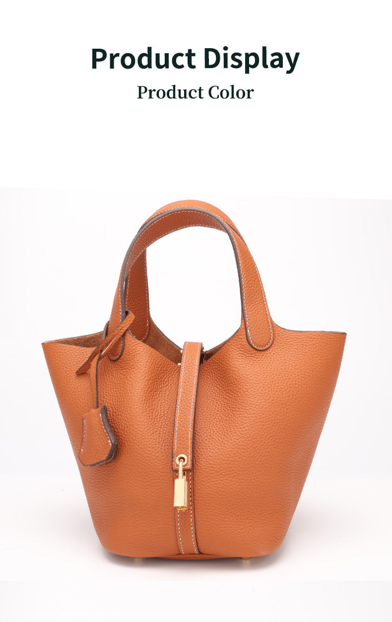 Top Layer Cowhide Vegetable Basket Bag for Women, Light Luxury Versatile Handbag, Niche Design, High-Quality Texture, Large Capacity Bucket Bag