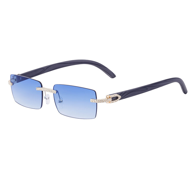 European and American Retro Frameless Men's Sunglasses with Diamond Inlay and Wood Grain Temples New Style Glasses Wholesale shades