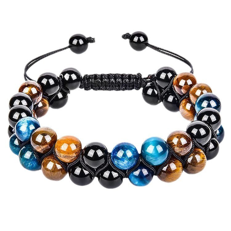 European and American Men8mm Double Layer Natural Stone Bracelet Adjustable Couple Bracelet Double Row Tiger Eye Braided Bracelet