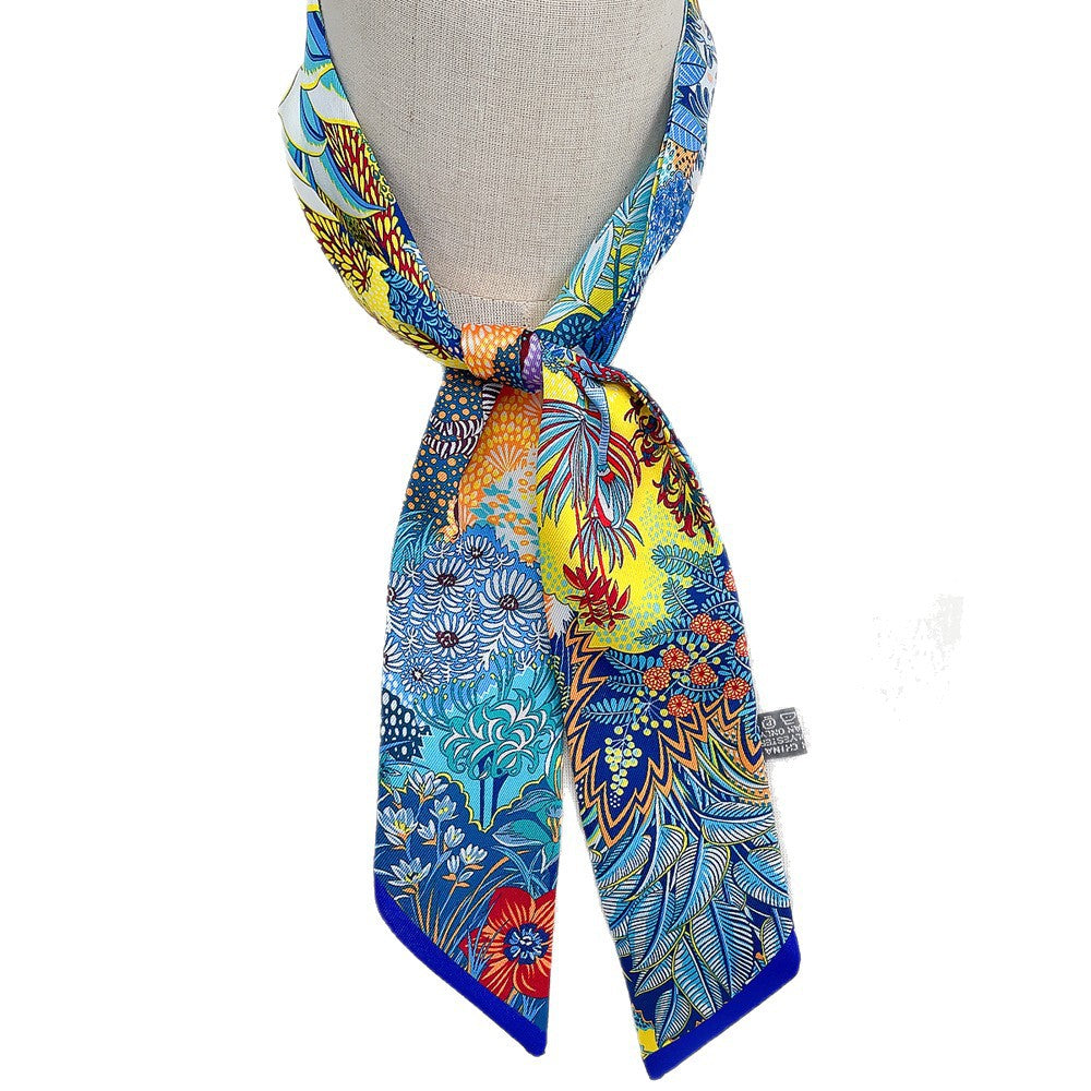 European and American Korean Version Plant Jungle Horse Women's Twill Ribbon Long Strip Ribbon Bag Tie Ribbon Hairband Small Scarf Scarf