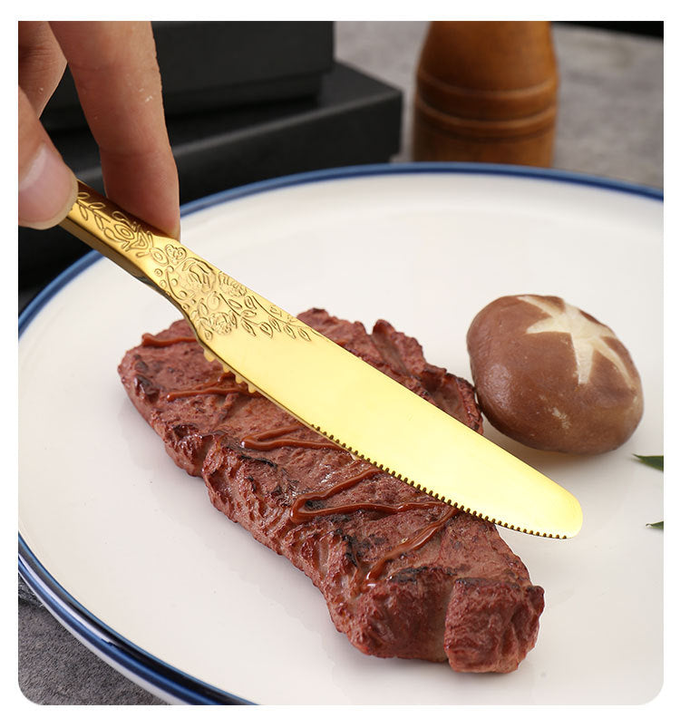 Vintage Pattern National Trend Stainless Steel Cutlery Set Five-Piece Set Western Steak Knife Fork Spoon Dessert Spoon Fork