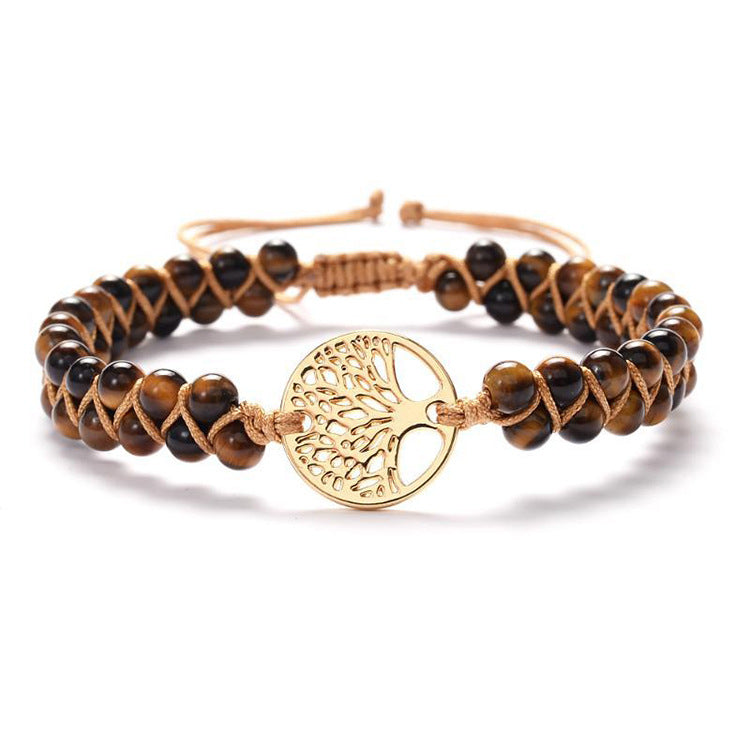 Tiger Eye Stone Double Row Bracelet Natural Stone Beaded Lucky Tree Pendant Bracelet Woven Double Layer Beaded Crystal Bracelet