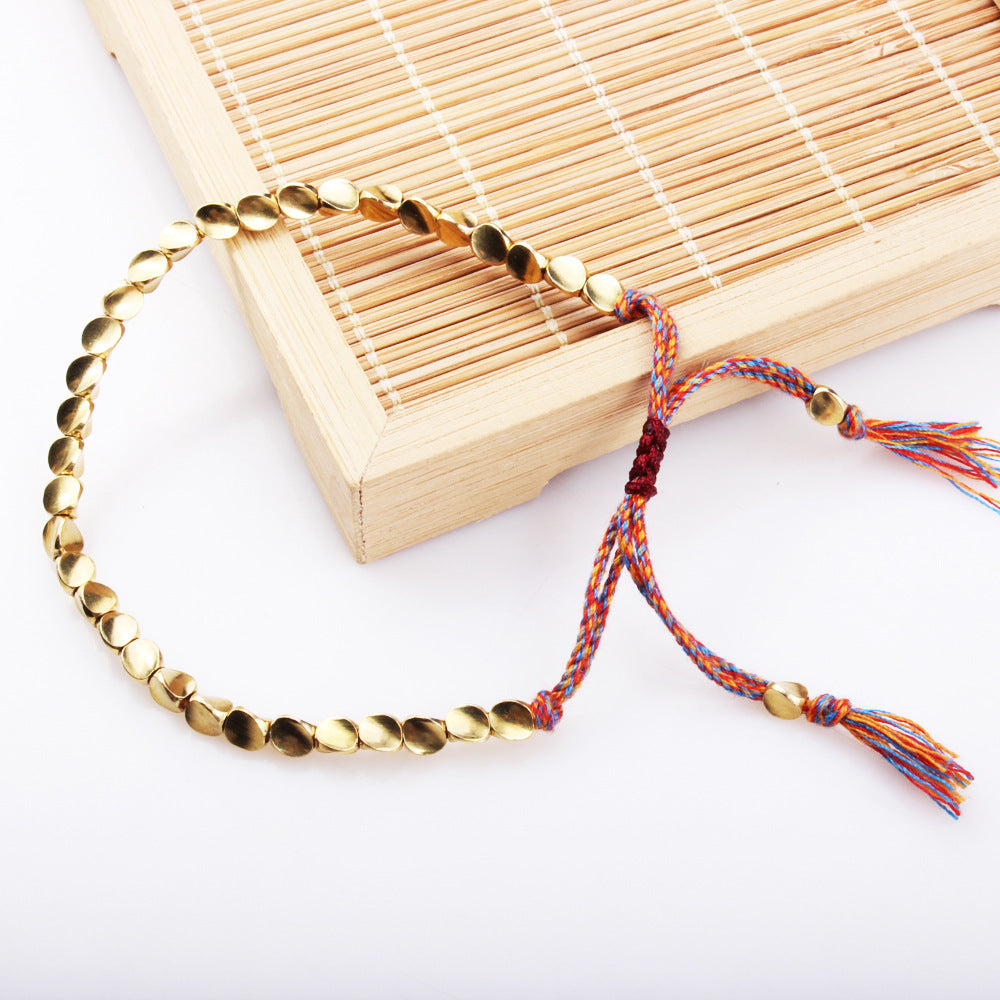 Women's Braided Rope Bracelet with Irregular Copper Beads, European and American Style, Adjustable Tassel Bracelet