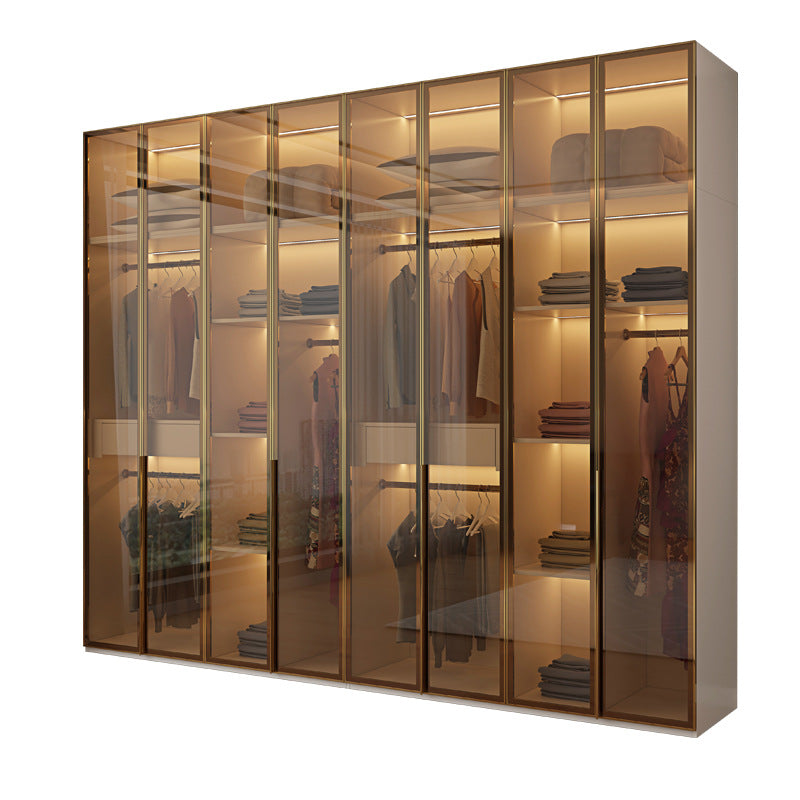 Glass Door Wardrobe with Lights, Solid Wood, Home Bedroom, Modern Simple European Pine Board, Cream Color, Skin Feel Storage, Large Wardrobe