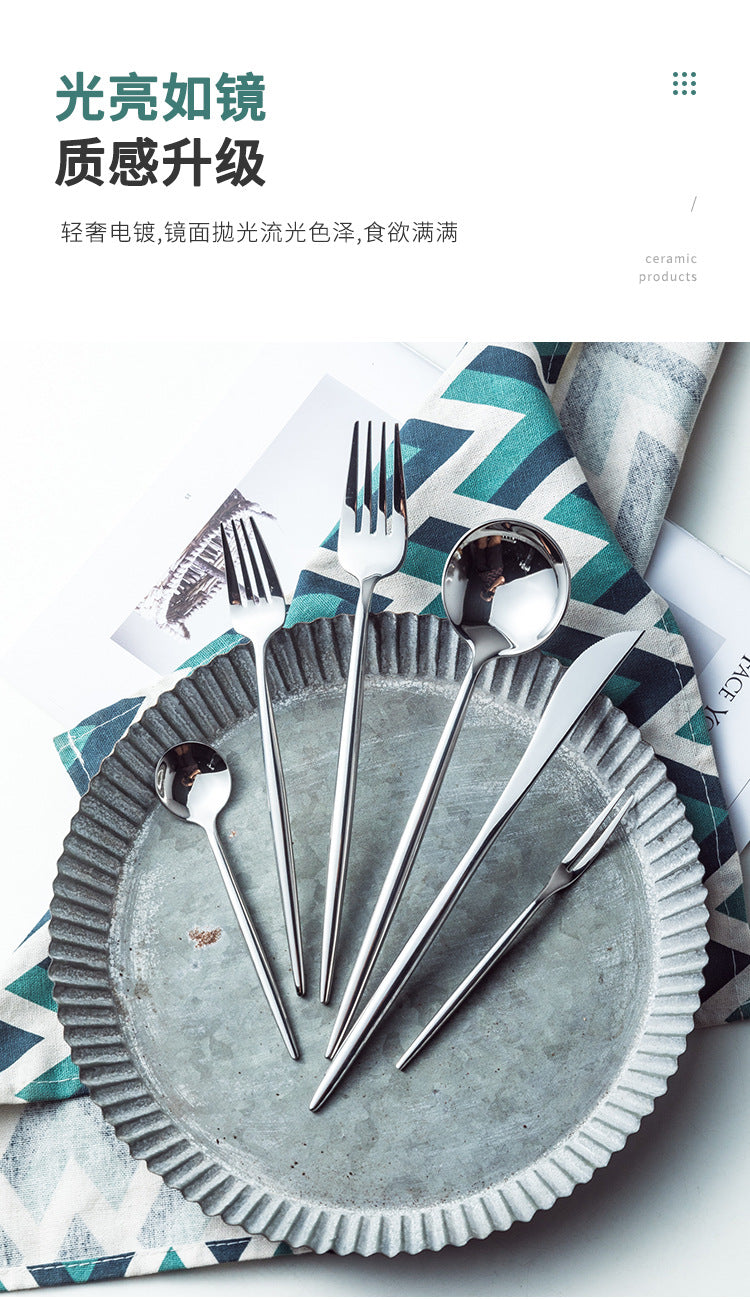 Portuguese Tableware304Glossy Round Handle Main Dinner Knife Fork Spoon Thick Mirror Dessert Spoon Fruit Fork Ice Spoon