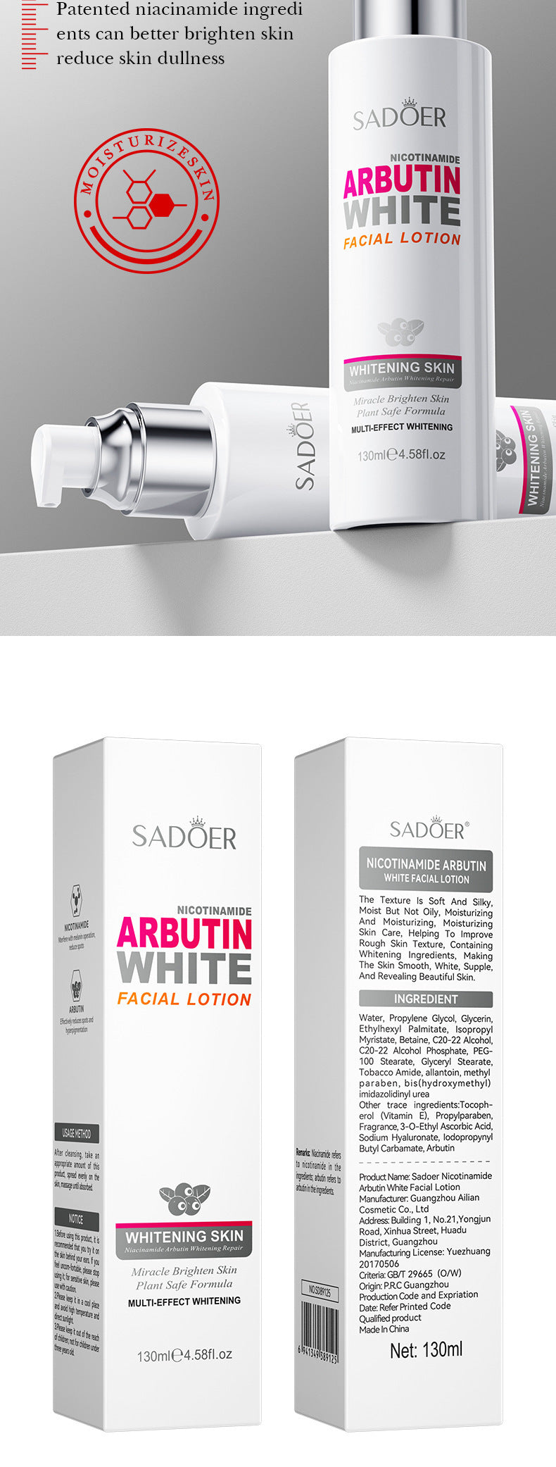 Niacinamide Arbutin Set SADOER Whitening, hydrating, and moisturizing skincare products  wholesale