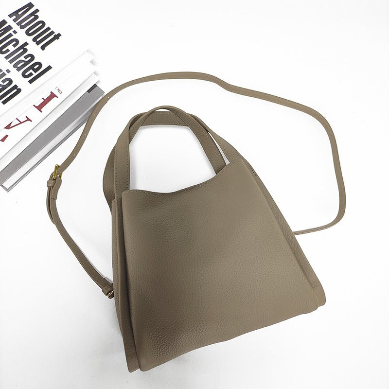 Genuine Leather Basket Bag Handheld Bucket Bag Women's Winter Crossbody Bag Large Capacity Top Layer Cowhide Bucket Style