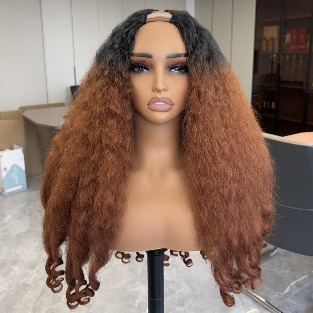 YAKI Straight Hair with Curly Ends Synthetic Wig V High-Temperature Fiber Wig with Hollow Top