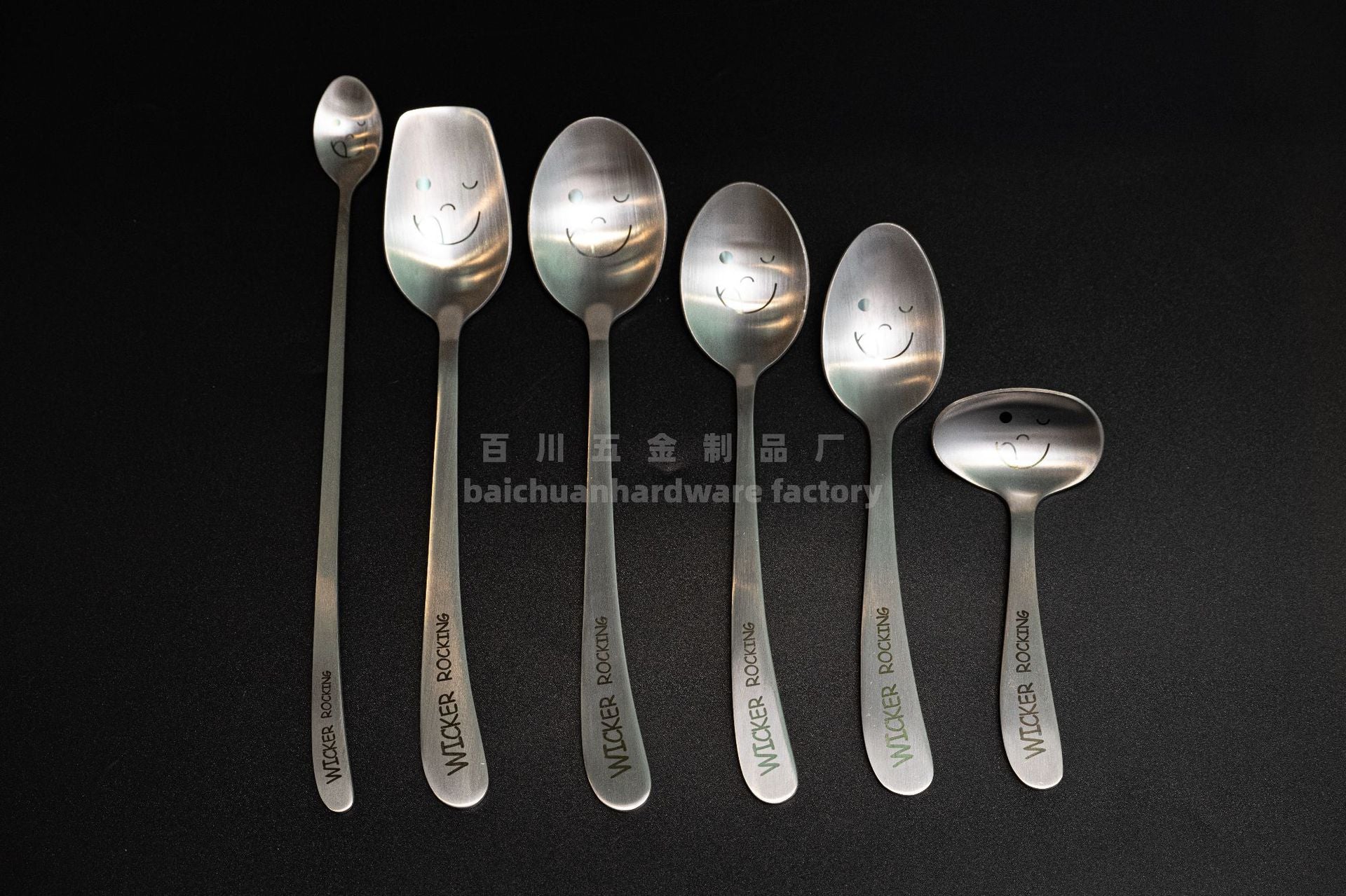 304Stainless Steel Creative Smiley Face Slanted Handle Laser Spoon Chopsticks Fork Student Tableware Full Set Gift Children's Tableware