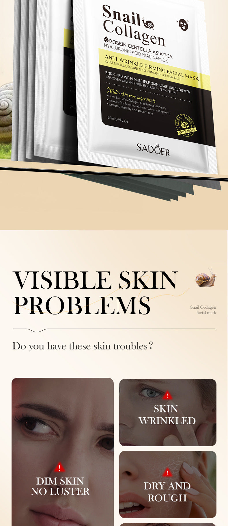 Snail Face Mask SADOER Collagen anti-wrinkle firming delicate skin mask  wholesale