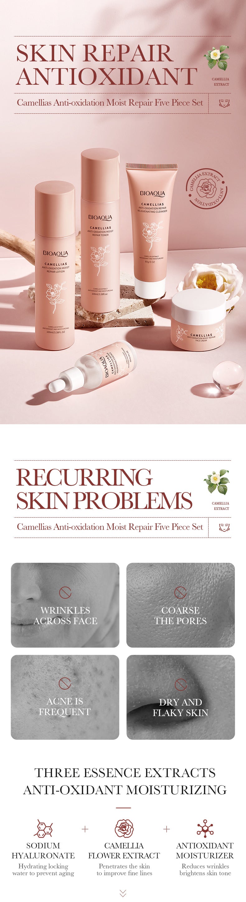 Camellia Five-piece Set BIOAOUA Hydrating and Moisturizing Skincare Set  Wholesale