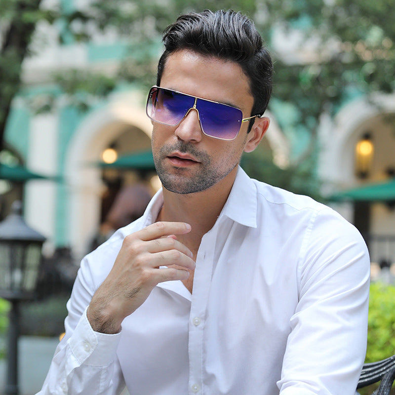 New Large Frame Sunglasses for Men Metal Frame One-piece Fashion Internet Celebrity Square Frame Glasses Trendy Sun Protection Driving Sunglasses