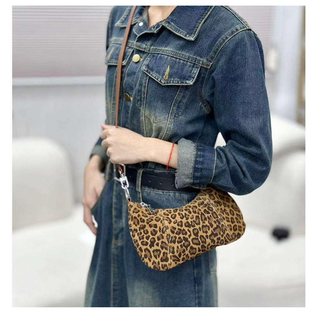 Autumn and winter niche leopard print underarm bag2025New Matte Top Layer Cowhide Single Shoulder Crossbody Bag Handheld Small Bag