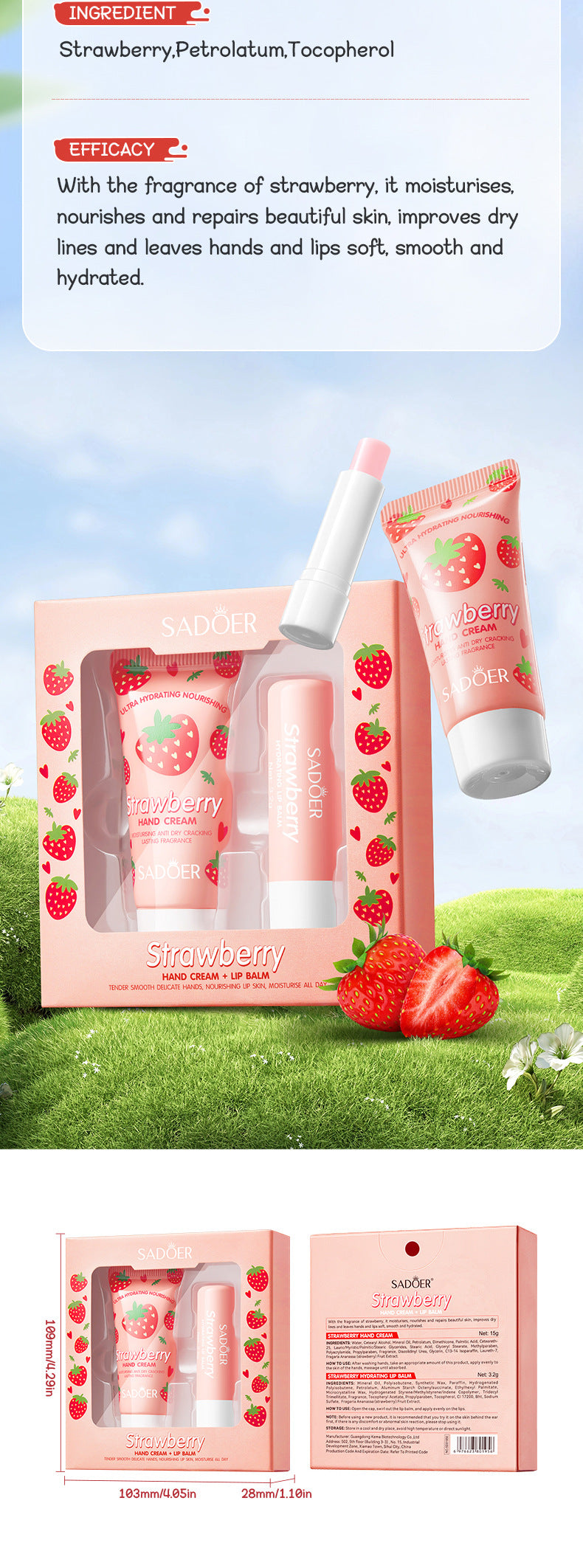 Strawberry Hand Cream Lip Balm Set SADOER Nourishing Autumn and Winter Hand Cream Lip Balm  Wholesale