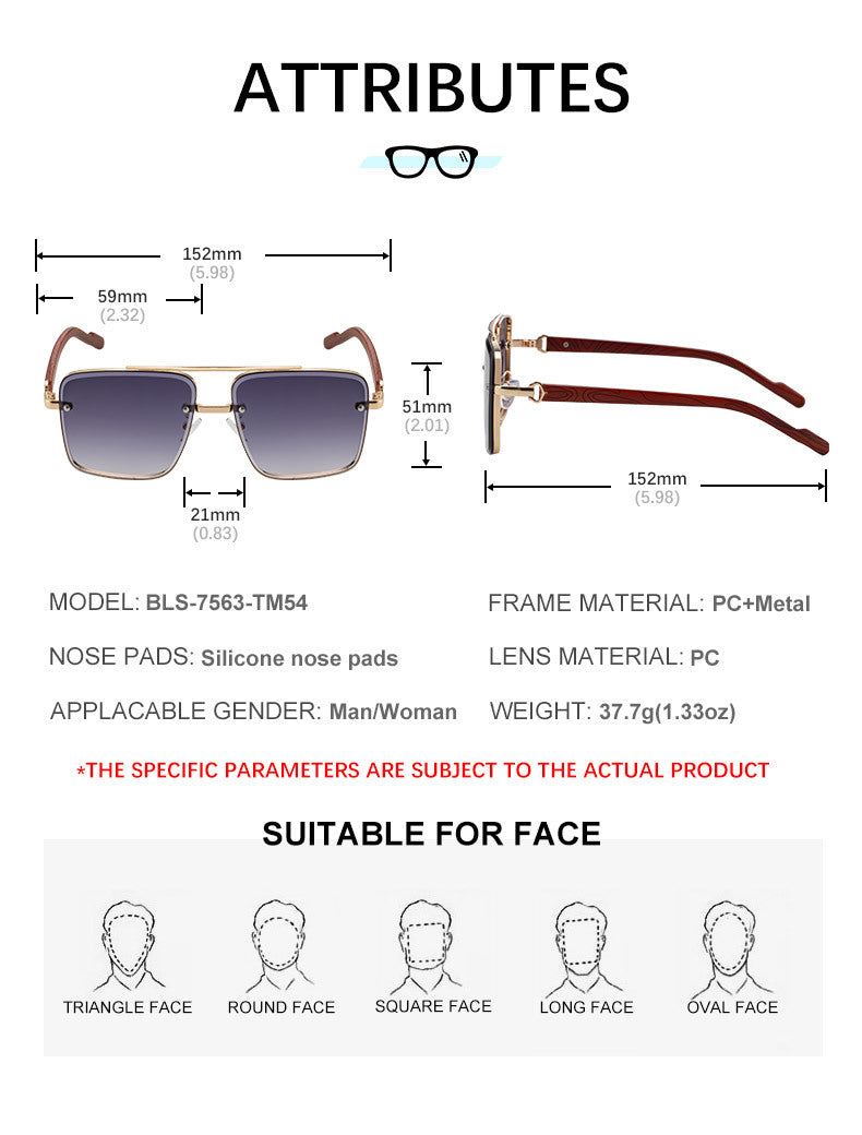 2025New European and American Fashion Square Frame Sunglasses for Men Retro Imitation Wood Grain Temple Double Bridge Sun Protection Sunglasses for Men