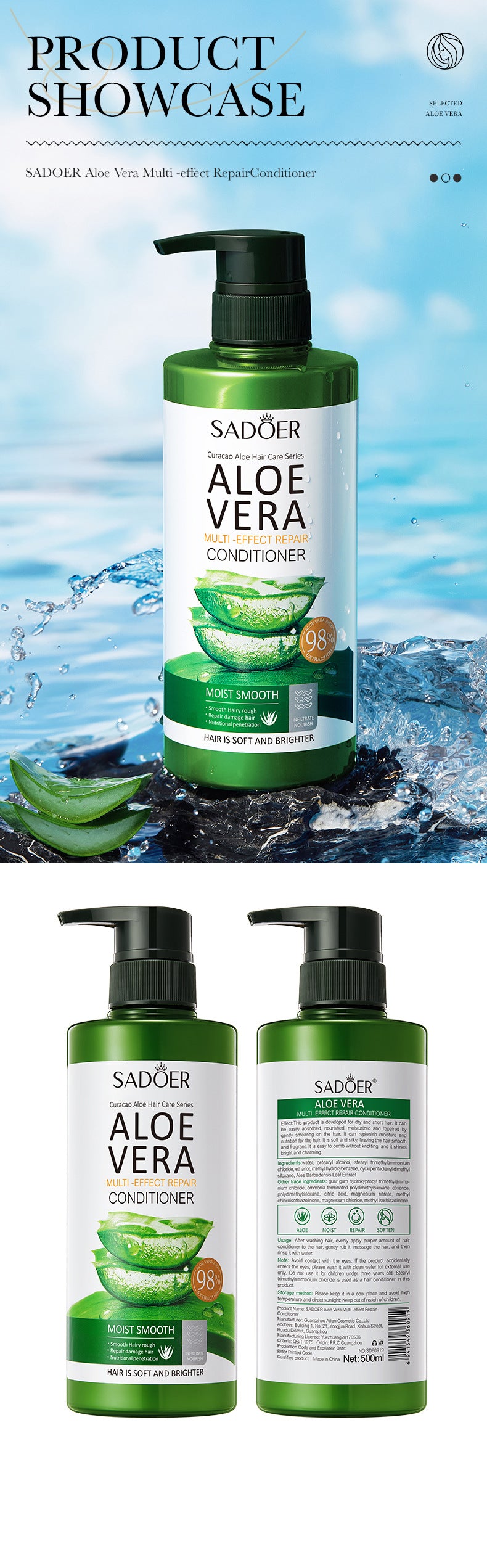 Aloe Vera Shampoo500ml SADOER Hydrating, cleansing, refreshing conditioner  foreign trade wholesale