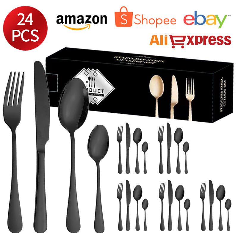 1010Stainless Steel Cutlery Set Hotel Titanium Coated Western Steak Knife Fork Spoon Tea Spoon24Set
