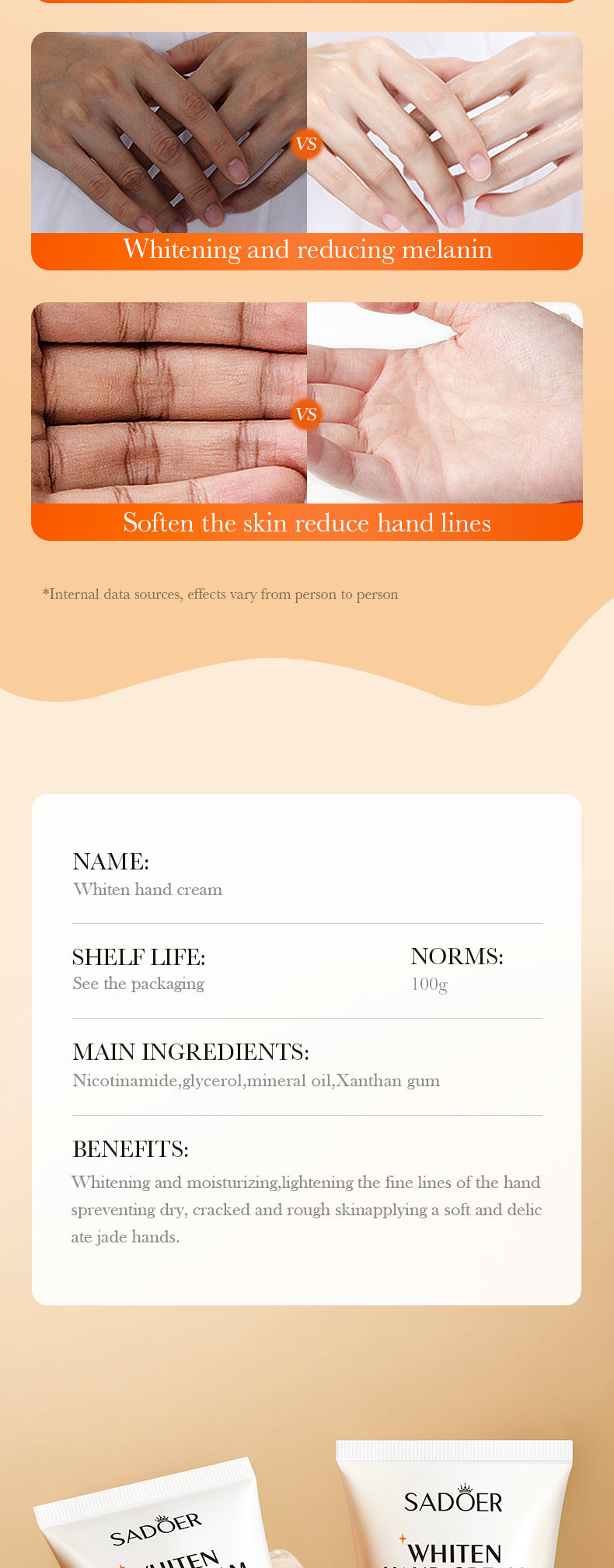 Whitening Hand Cream100gSADOER Hydrating and Moisturizing Anti-Cracking Autumn and Winter Hand Cream  Wholesale