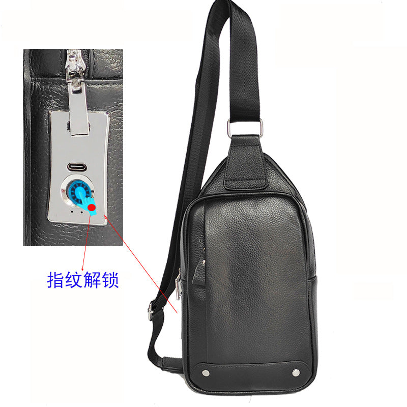 Niche Bag Fingerprint Unlock Men's Top Layer Cowhide Single Shoulder Crossbody Backpack High-End Chest Genuine Leather Chest Bag