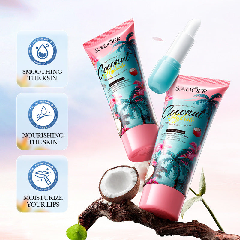 Coconut Fragrance Luxury Care Gift Box SADOER Hydrating Body Lotion Hand Cream Lip Balm  Wholesale